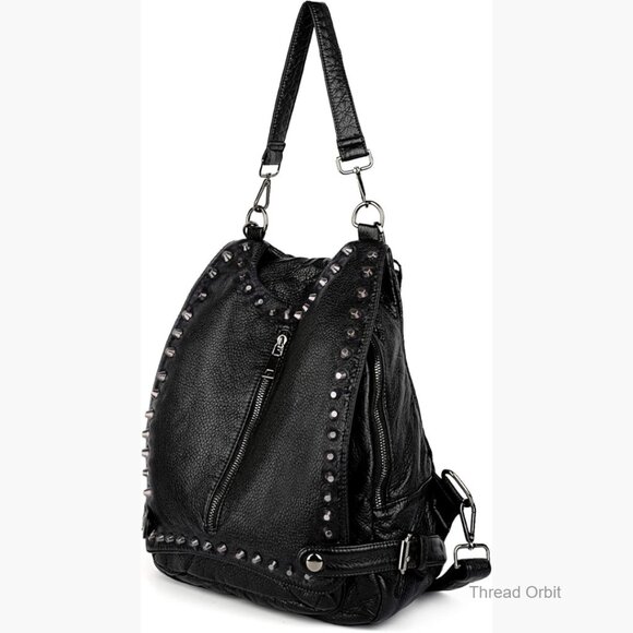 Large Convertible Backpack Purse with Rivet Studs, Waterproof Faux Leather
